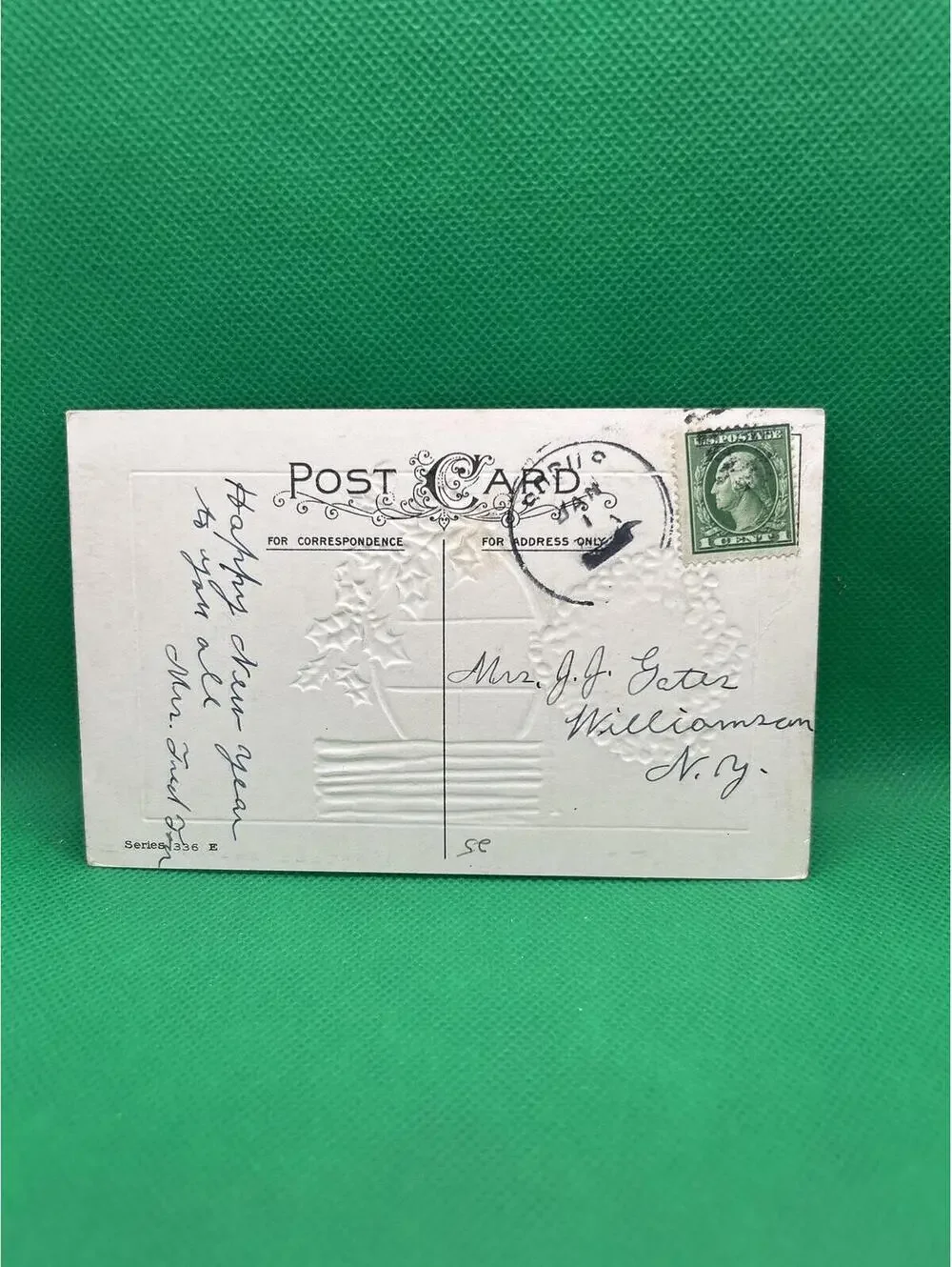 Vintage Embossed New Year Postcard with Clock and Holly Design =box5 -box5